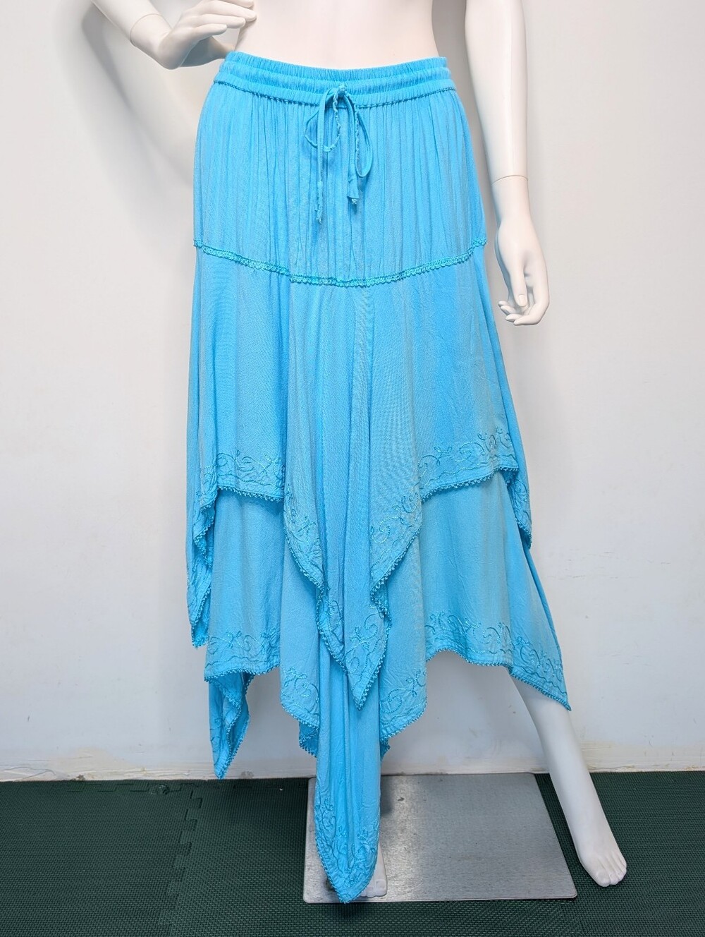 Sky Blue Embroidered Tiered Layered Flowy Handkerchief Hem Maxi Skirt Boho Fairy